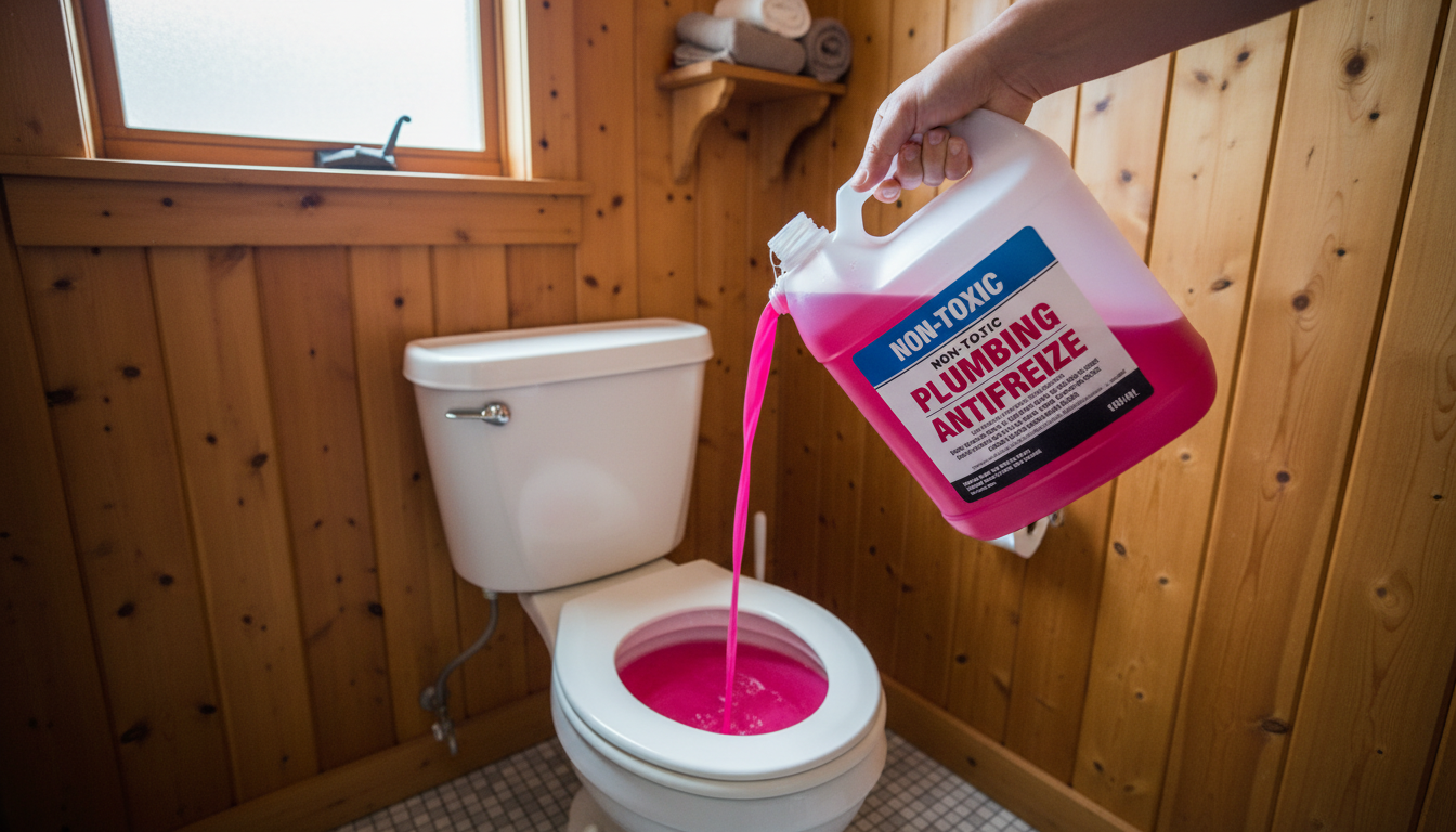Pink RV antifreeze being poured into cottage toilet for winterization