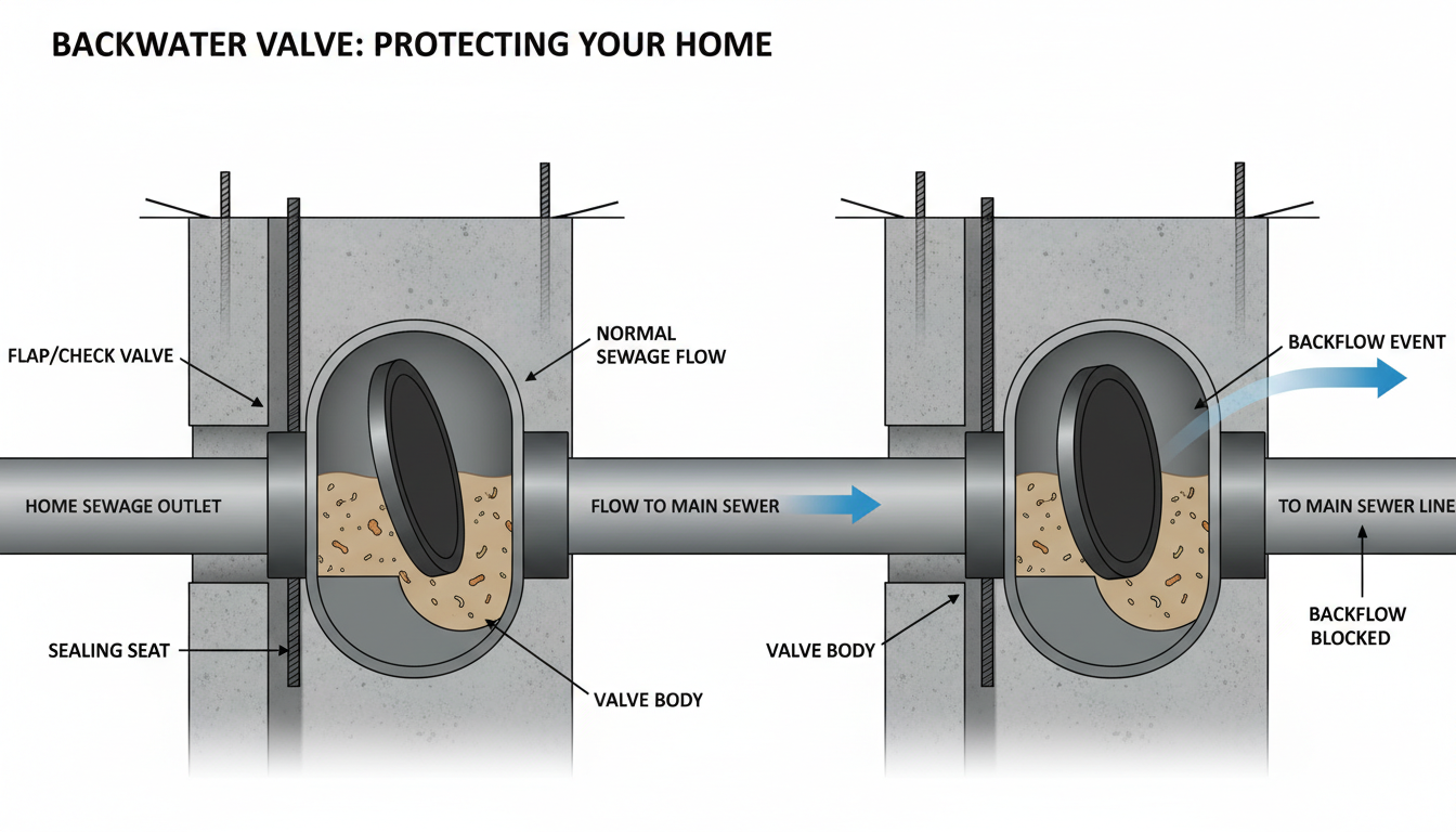 Backwater valve diagram showing installation in basement drain