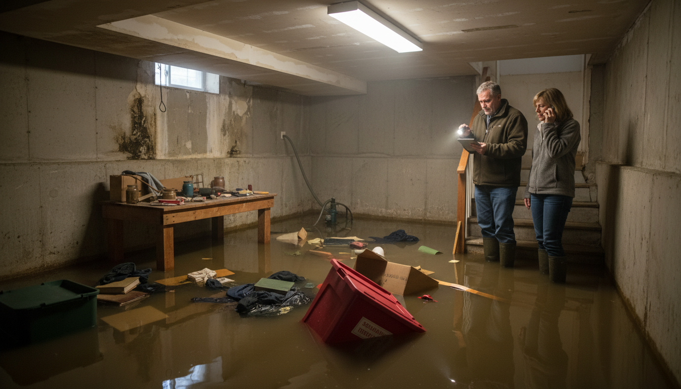 Flooded basement from sewage backup — preventable with backwater valve