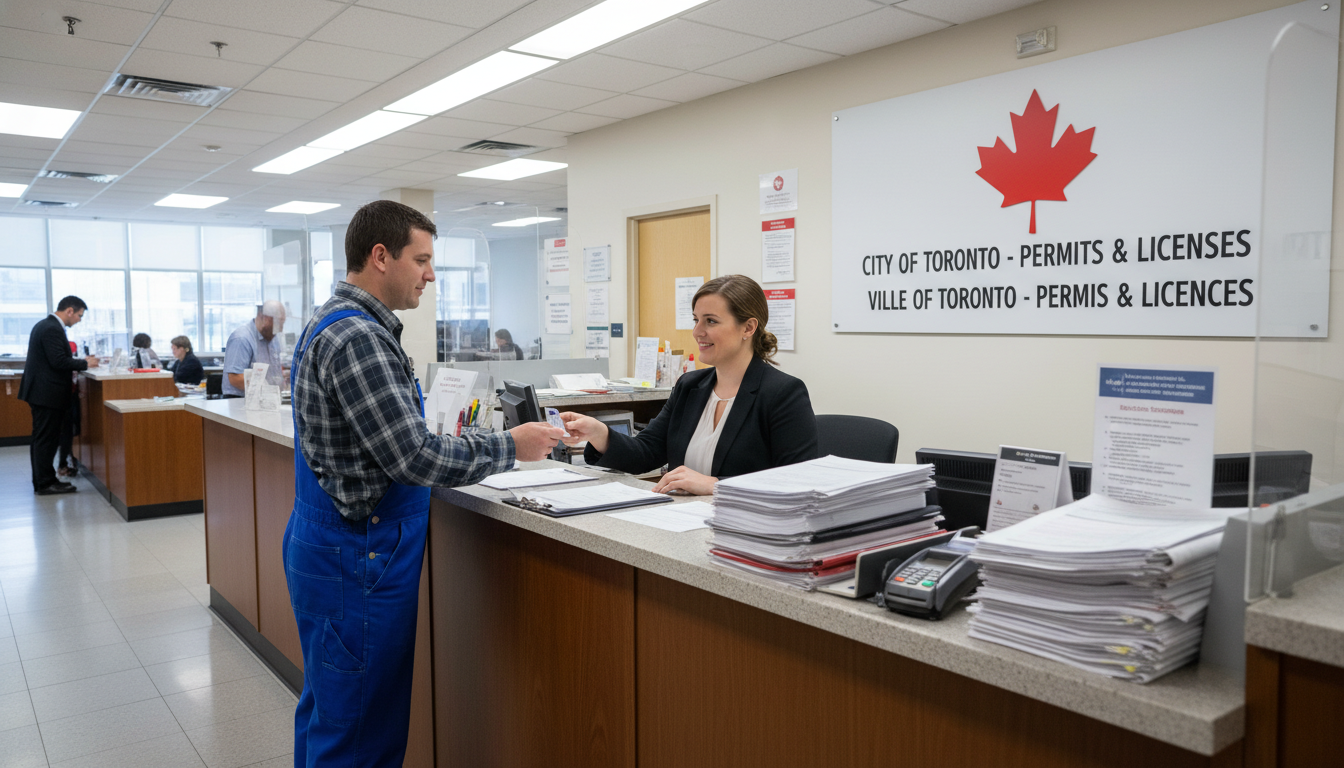 Plumber obtaining building permit at municipal office