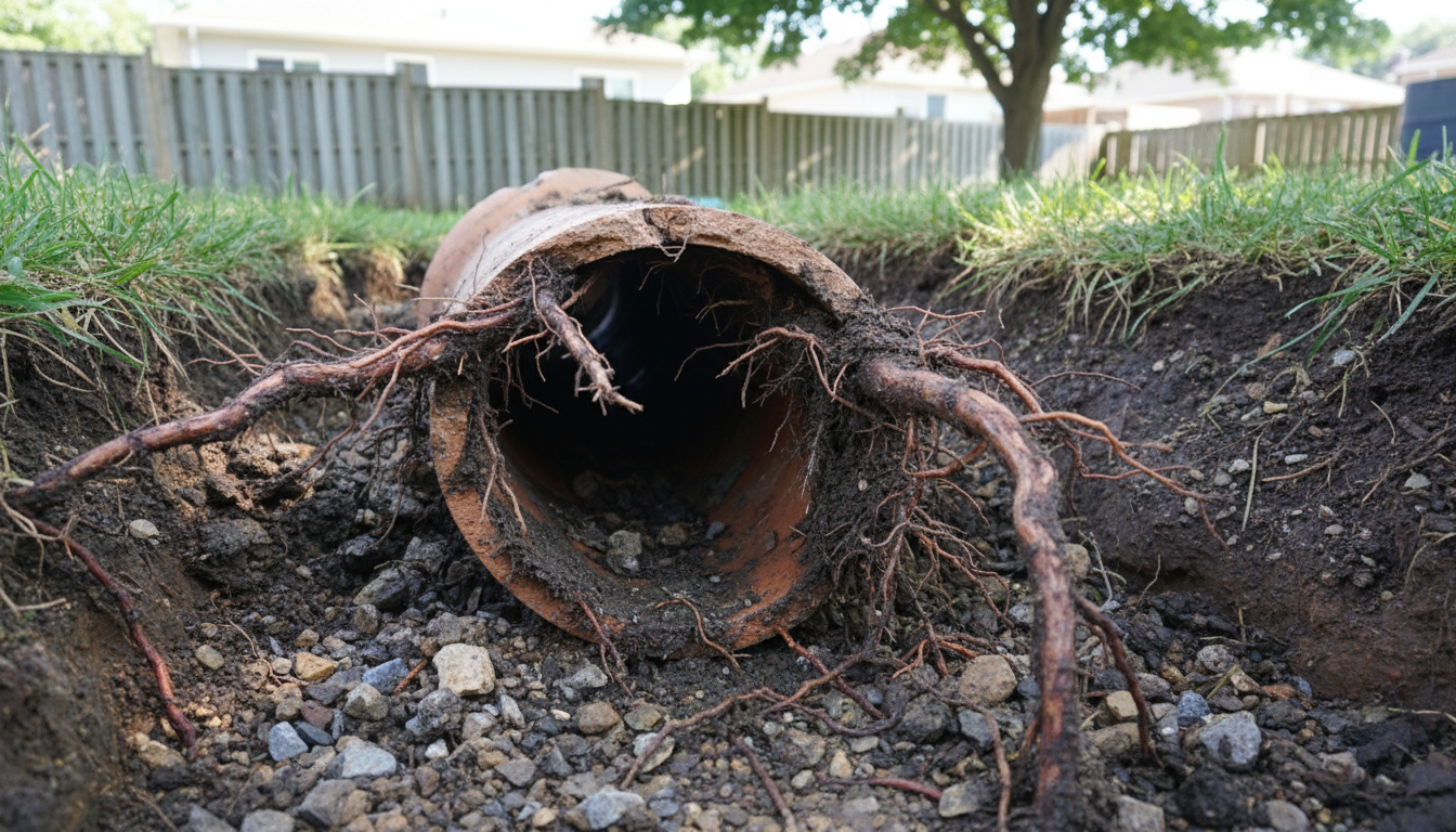 Cracked clay sewer pipe excavated with tree root damage