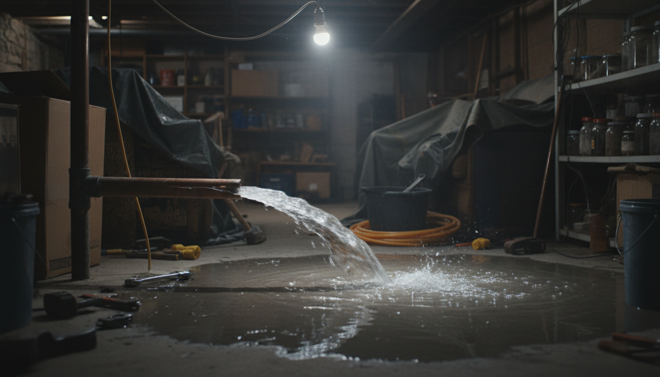 Emergency burst pipe flooding a basement