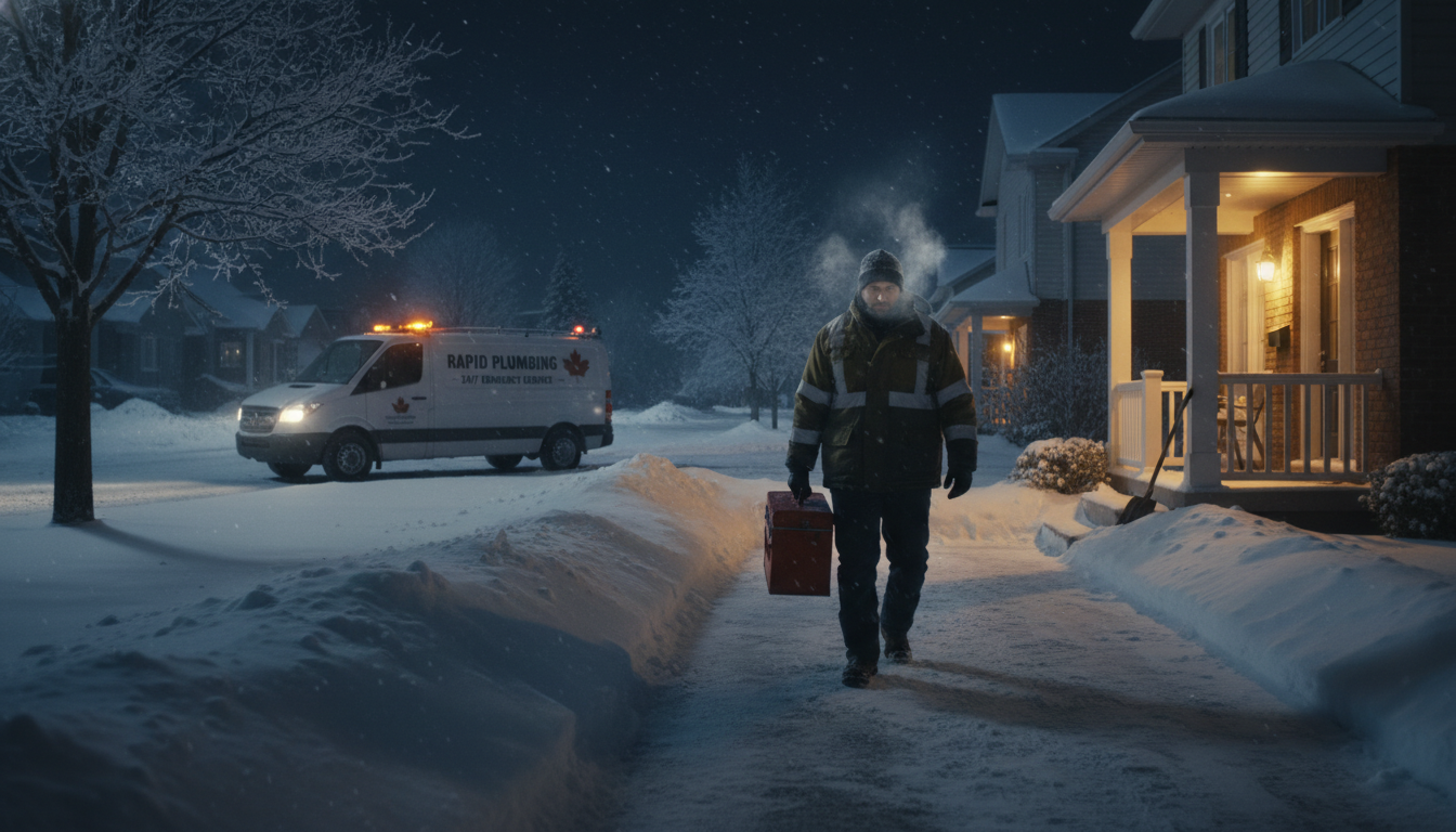 Emergency plumber arriving at North Bay home at night in winter