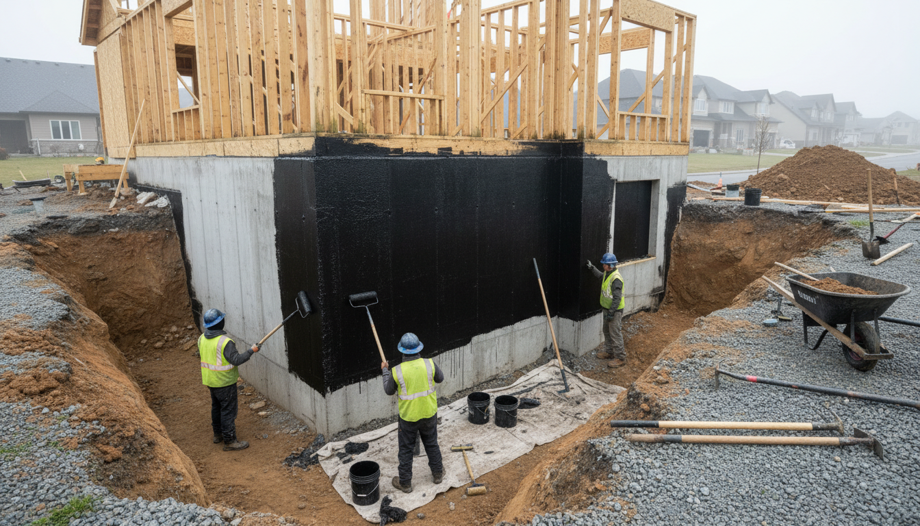 Exterior basement waterproofing being applied to a foundation