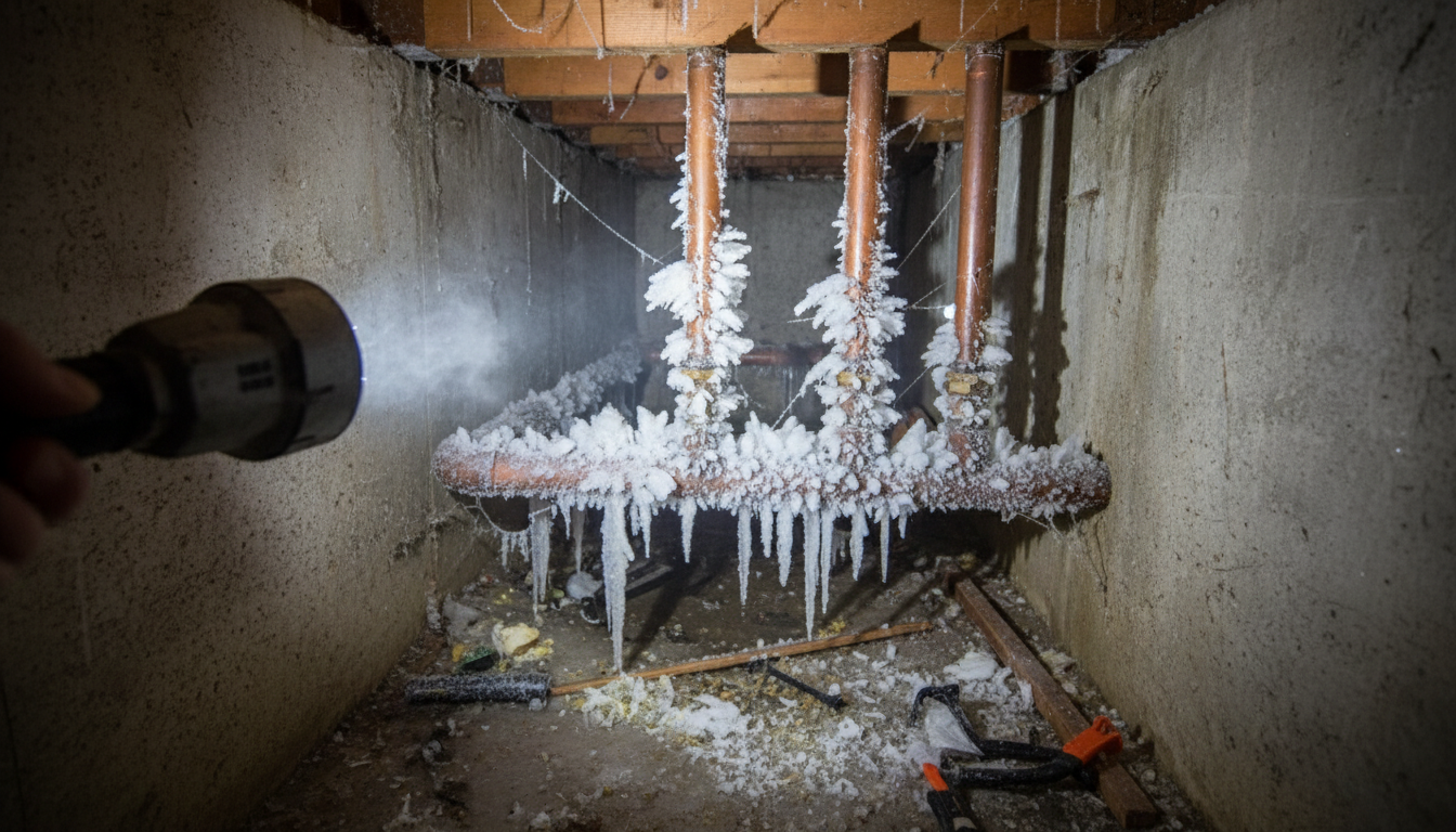 Frozen pipes in a crawlspace during winter