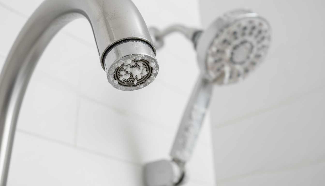 Hard water scale deposits on faucet and shower head