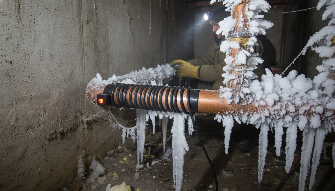 Heat cable installed on copper pipe showing frost transition in North Bay home