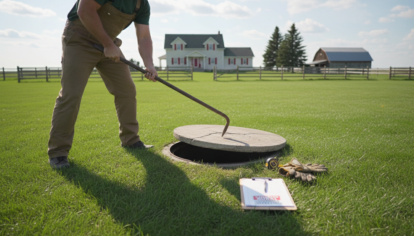 Plumber inspecting septic tank access on rural property