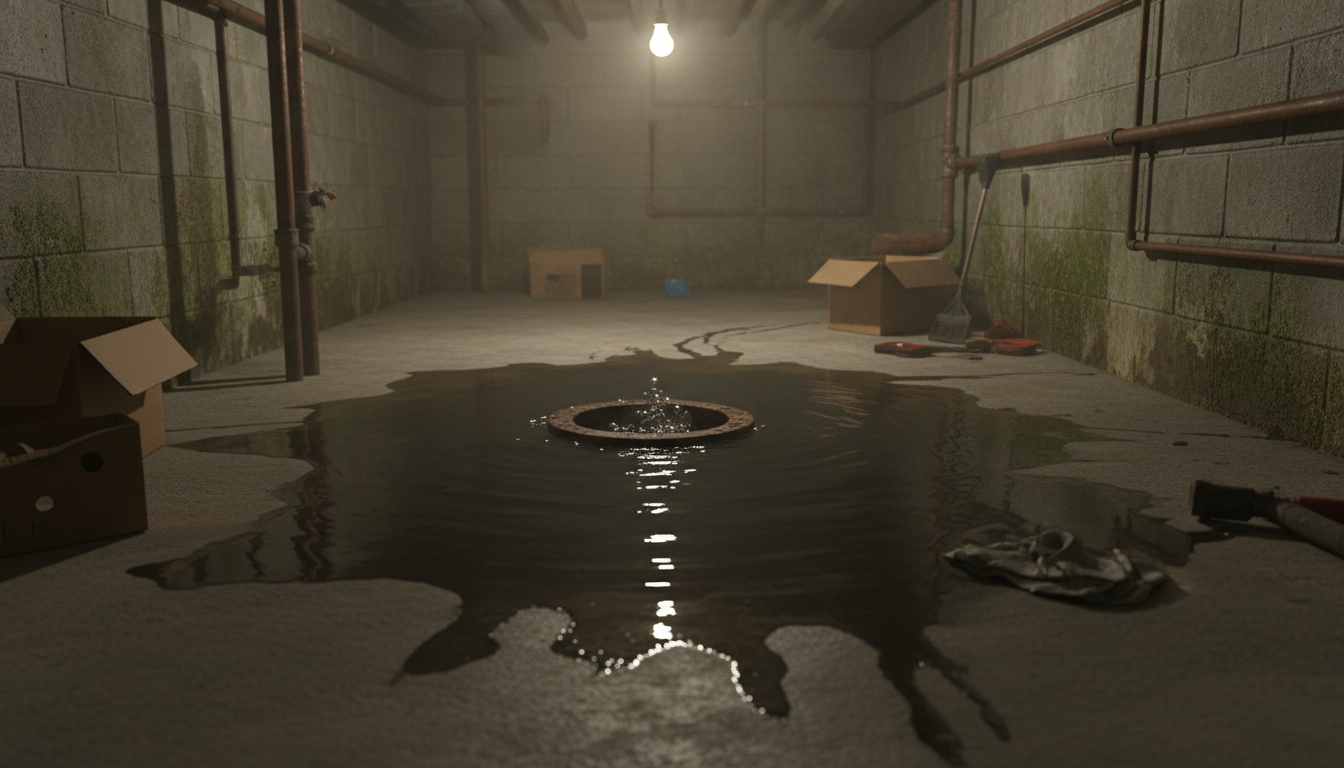 Sewage backup through basement floor drain — call emergency plumber