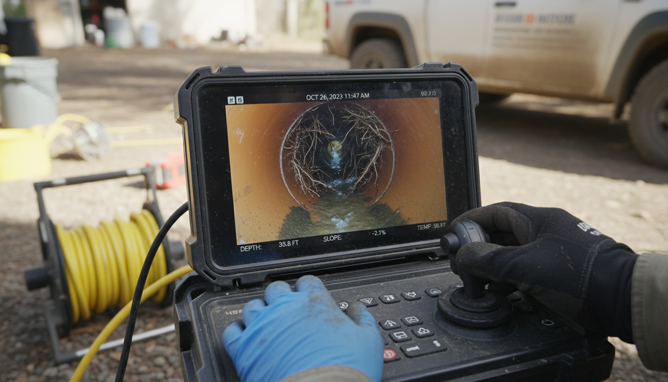Sewer camera showing tree root intrusion in clay pipe