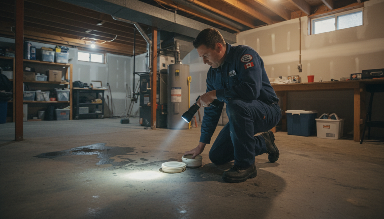 Plumber inspecting sewer line with camera in basement
