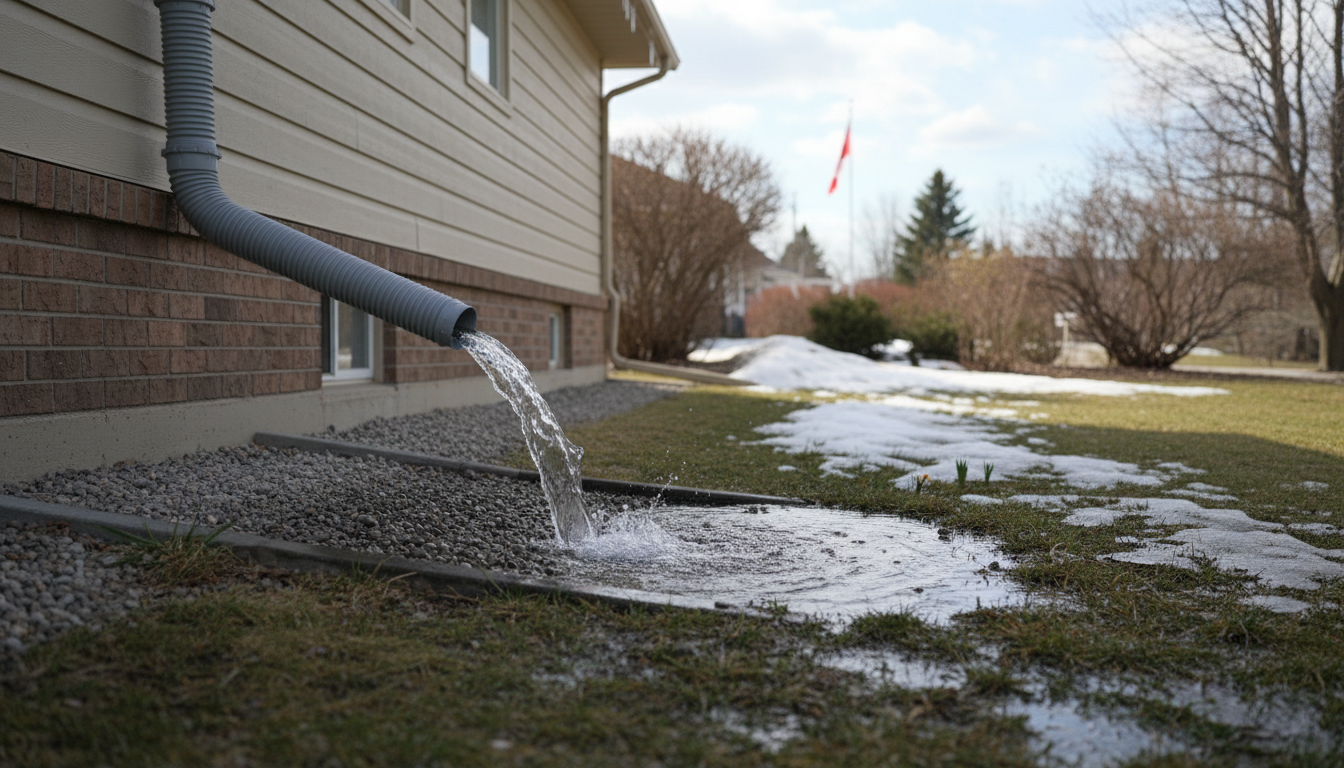 Sump pump discharge pipe exterior during spring melt