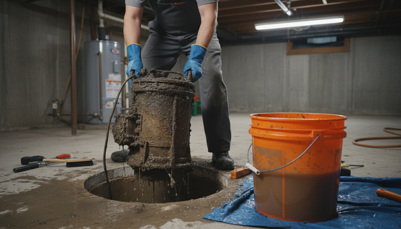 Plumber cleaning sump pump during maintenance service