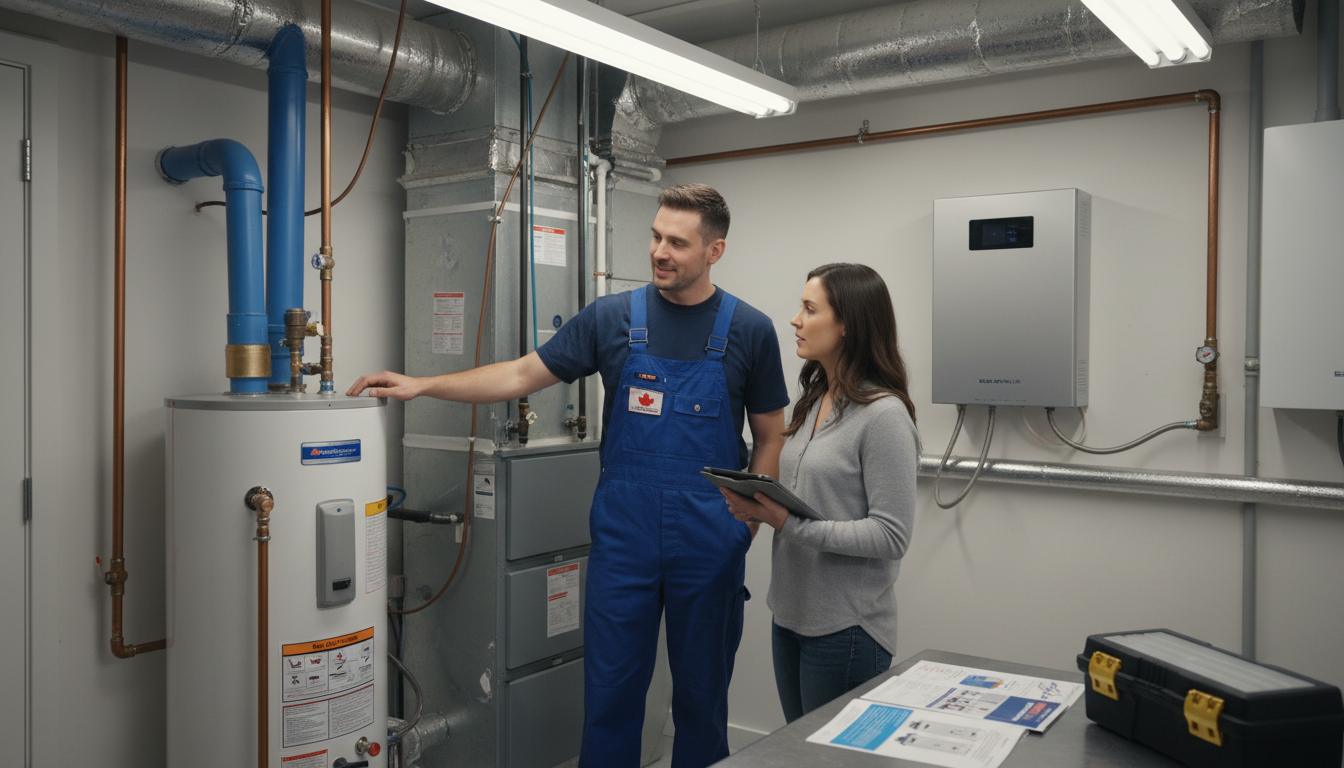 Plumber consulting with homeowner about water heater options