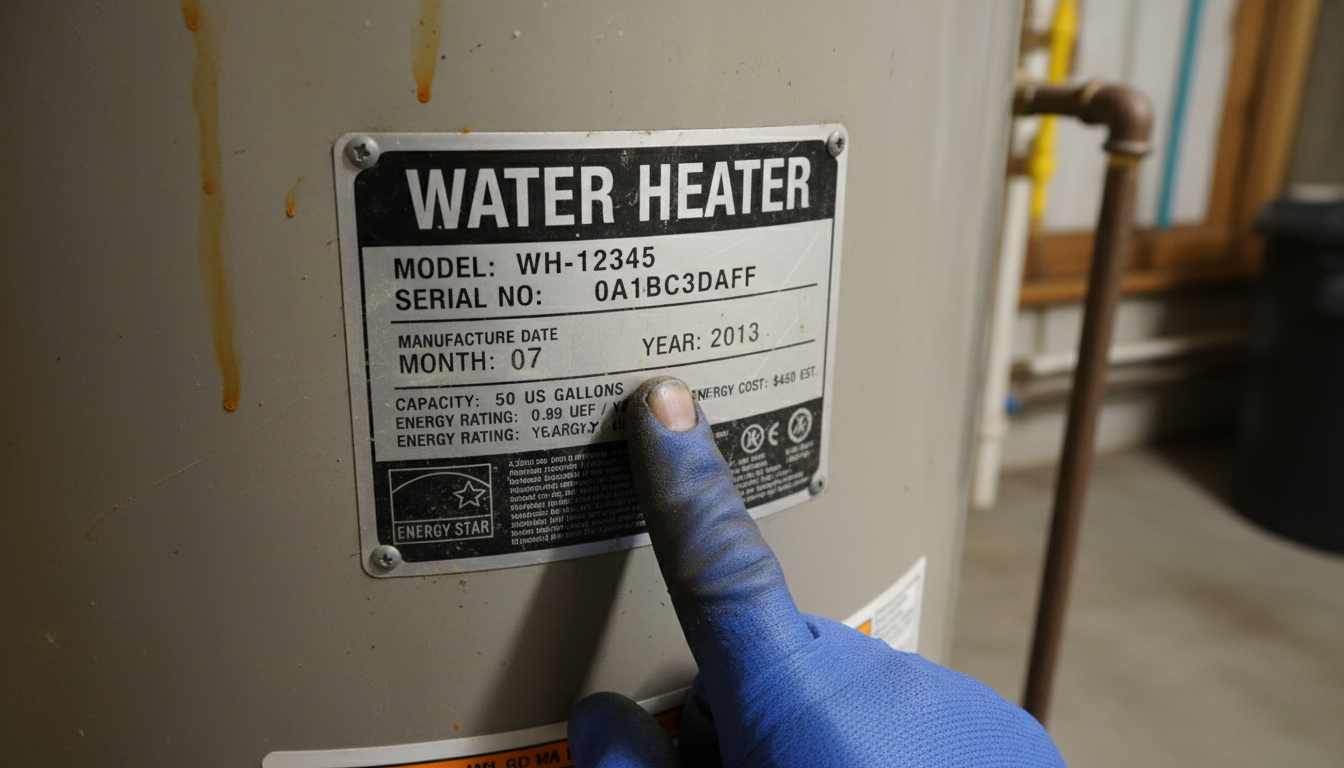 Water heater rating plate showing age and capacity