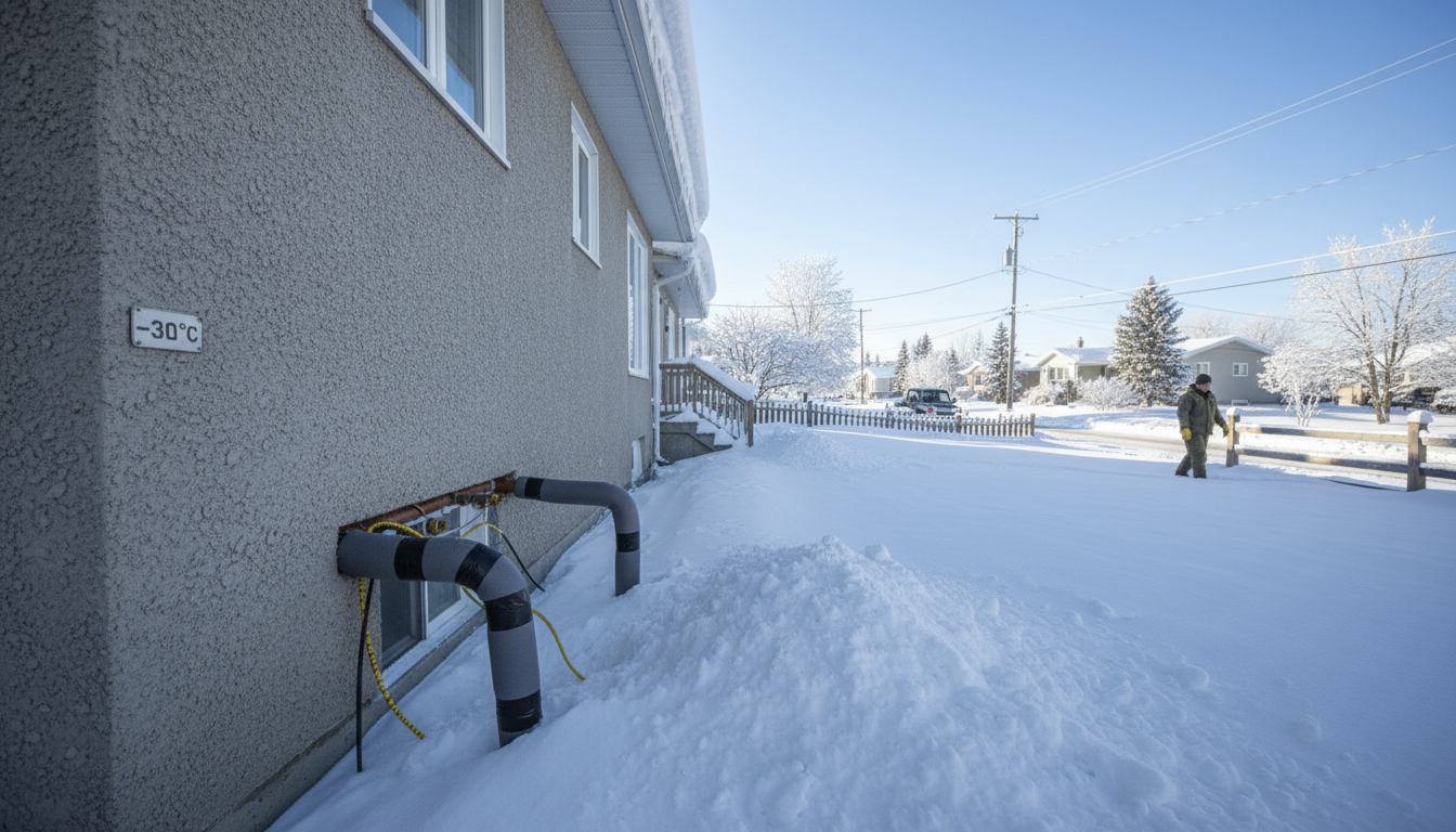North Bay home in deep winter with proper pipe insulation at exterior wall entry point